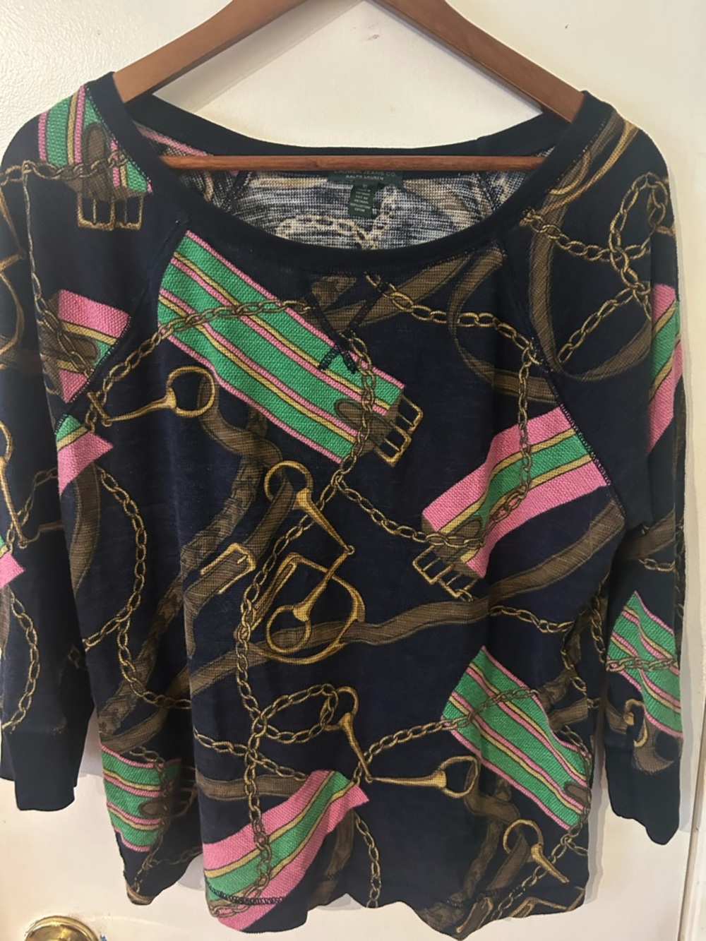 Lauren Ralph Lauren Equestrian Chain Print Thermal Knit Pullover Top